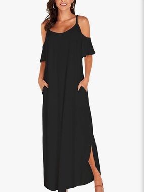 Black Cold-Shoulder Maxi Dress with Spaghetti Straps